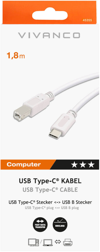 Vivanco kaabel USB-C - USB-B 1,8m, valge (45355) hind ja info | Juhtmed ja kaablid | hansapost.ee