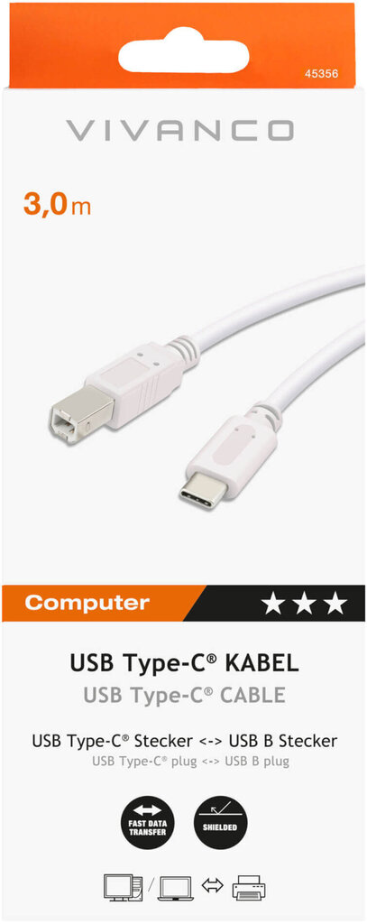 Vivanco kaabel USB-C - USB-B 3m, valge (45356) hind ja info | Juhtmed ja kaablid | hansapost.ee
