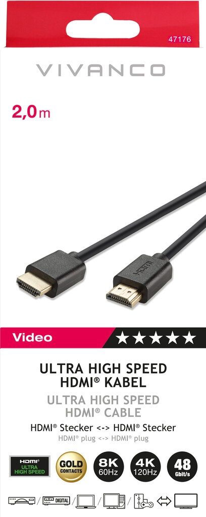 Vivanco kaabel HDMI - HDMI 2.1 2m (47176) цена и информация | Juhtmed ja kaablid | hansapost.ee