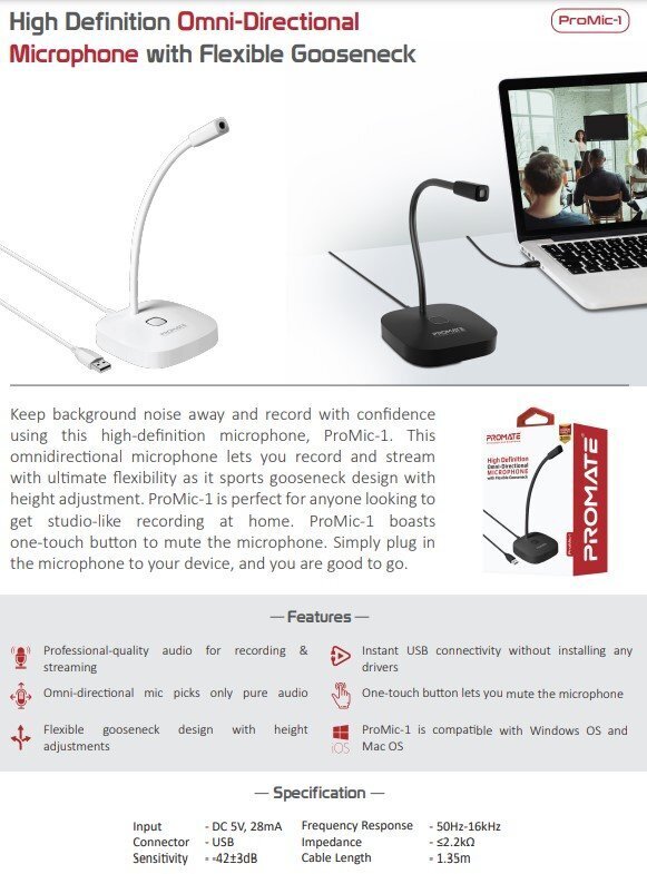 PROMATE ProMic-1 USB Mikrofon hind ja info | Mikrofonid | hansapost.ee