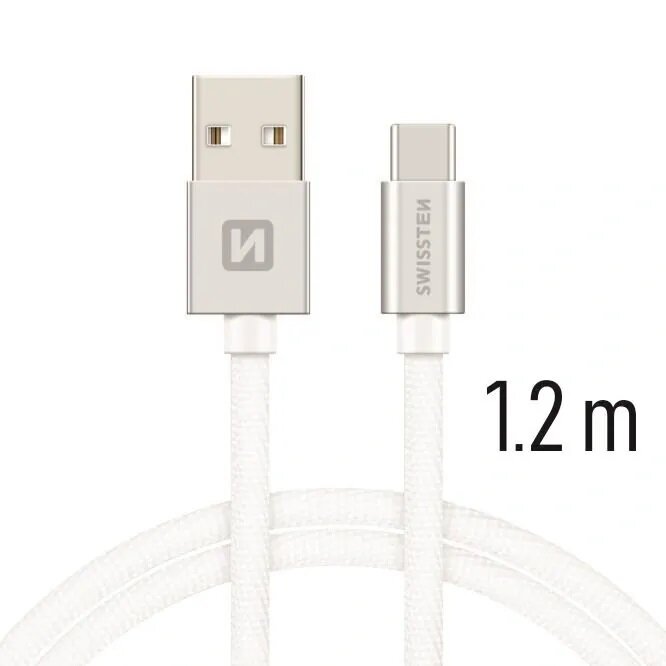 Swissten Textile Universal Quick Charge 3.1 USB-C Data and Charging Cable 1.2m Silver hind ja info | Mobiiltelefonide kaablid | hansapost.ee