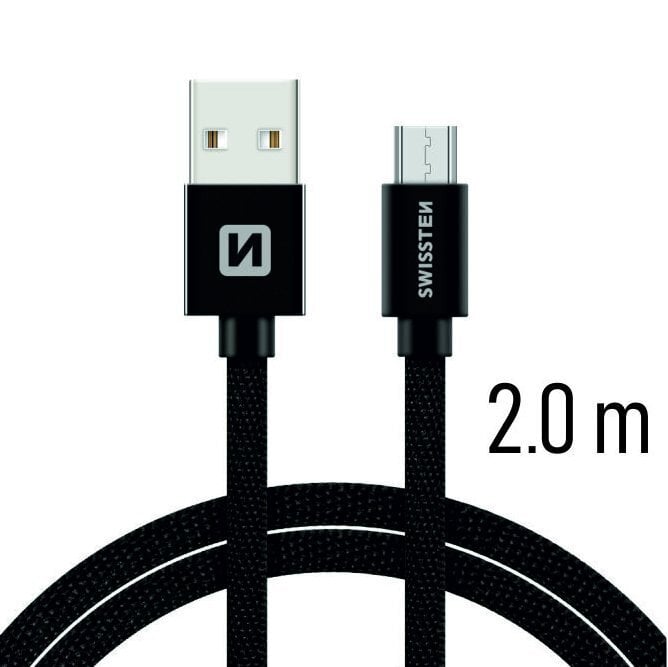 Swissten Textile Universal Micro USB Data and Charging Cable 2.0m Black цена и информация | Mobiiltelefonide kaablid | hansapost.ee