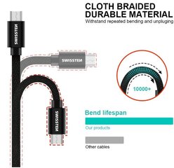 Swissten Textile Universal Micro USB Data and Charging Cable 2.0m Black hind ja info | Mobiiltelefonide kaablid | hansapost.ee