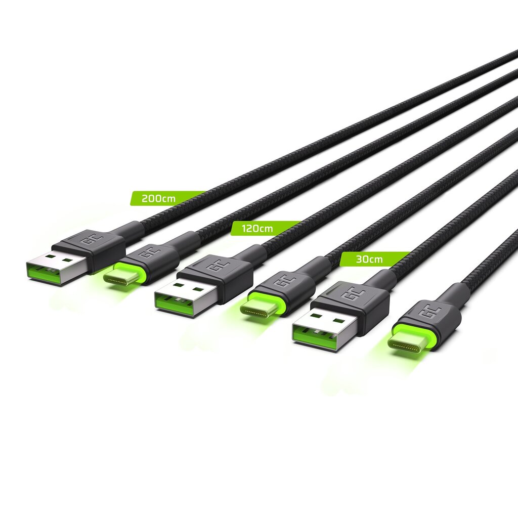 Green Cell USB-C kaabli komplekt 3x QC 3.0 0.3 m 1.2 m 2 m hind ja info | Mobiiltelefonide kaablid | hansapost.ee