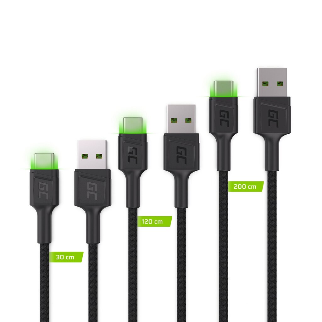 Green Cell USB-C kaabli komplekt 3x QC 3.0 0.3 m 1.2 m 2 m hind ja info | Mobiiltelefonide kaablid | hansapost.ee