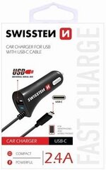 Swissten Premium Car charger 12 / 24V / 2.4A + non-detachable USB-C Data Cable 100 cm Black hind ja info | Laadijad mobiiltelefonidele | hansapost.ee