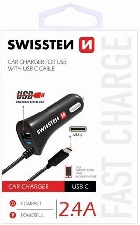 Swissten Premium Car charger 12 / 24V / 2.4A + non-detachable USB-C Data Cable 100 cm Black hind ja info | Laadijad mobiiltelefonidele | hansapost.ee
