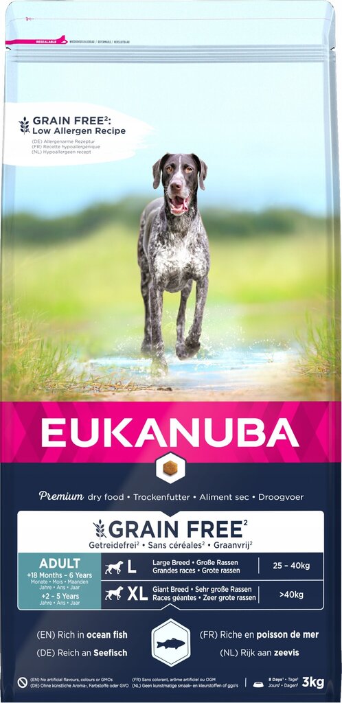 Eukanuba Grain Free Large kalaga, täiskasvanud koertele, 3 kg hind ja info | Koerte kuivtoit ja krõbinad | hansapost.ee