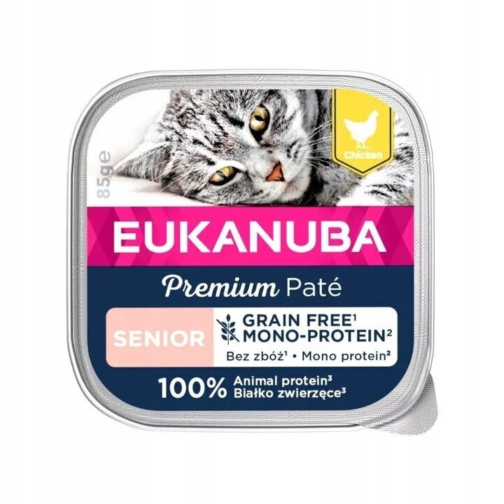 Eukanuba Grain Free Senior vanematele kassidele kanaga, 16x85 g hind ja info | Kassikonservid | hansapost.ee