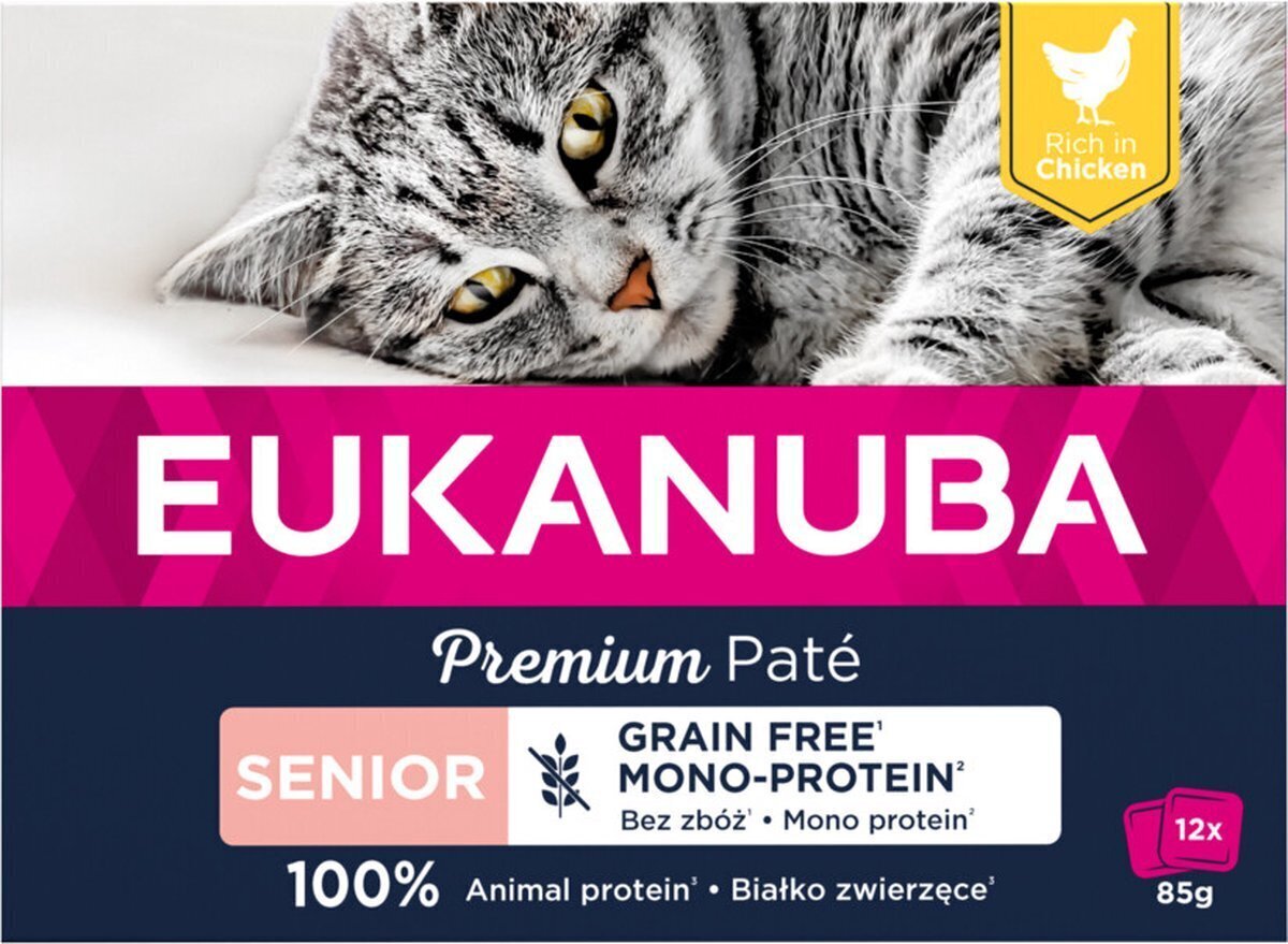 Eukanuba Grain Free Senior täiskasvanud kassidele kanaga, 12x85 g цена и информация | Kassikonservid | hansapost.ee