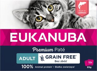 Eukanuba Grain Free Adult для взрослых кошек с лососем, 12х85 гр цена и информация | Кошачьи консервы | hansapost.ee
