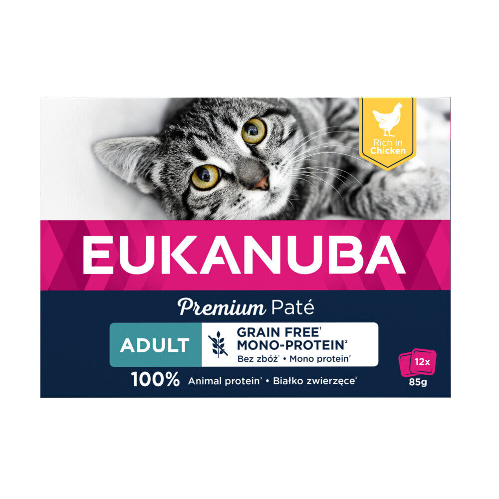 Eukanuba Grain Free Adult kassidele kanaga, 12x85 g цена и информация | Kassikonservid | hansapost.ee