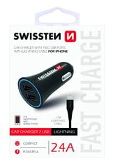 Автомобильная зарядка Swissten Премиум 12 / 24В / 1A+ 2.1A + кабель Lightning 100 см, черная цена и информация | Зарядные устройства для телефонов | hansapost.ee