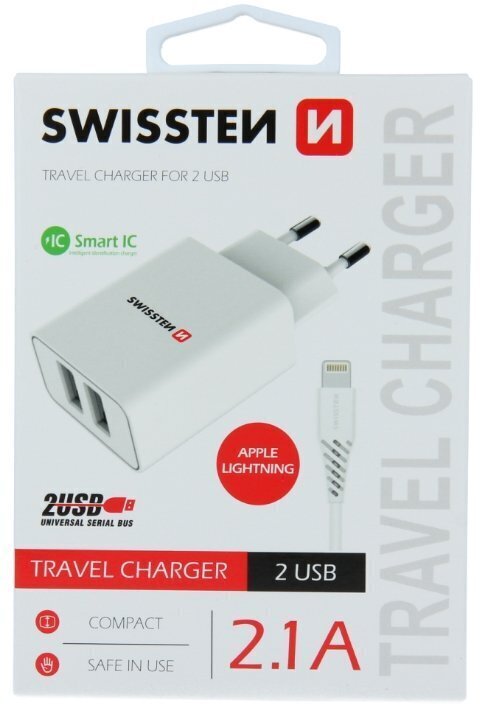 Swissten Smart IC Travel Charger 2x USB 2.1A with Lightning (MD818) Cable 1.2 m White цена и информация | Laadijad mobiiltelefonidele | hansapost.ee