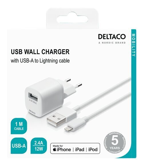 Deltaco USB-AC181, USB-A, 2.4 A 1 m USB-A Lightning kaabliga hind ja info | Laadijad mobiiltelefonidele | hansapost.ee