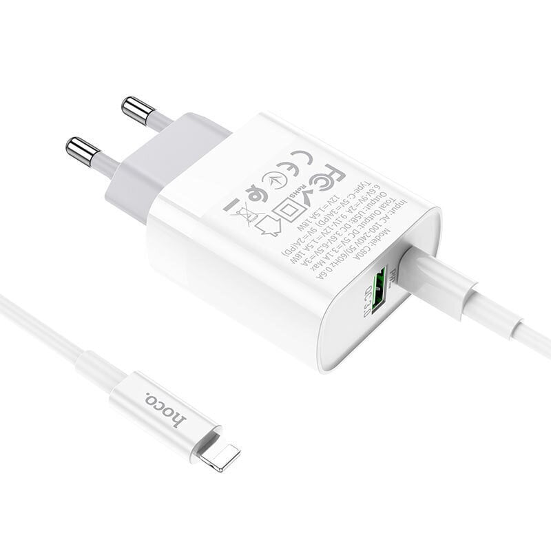 Laadija Hoco C80A USB Quick Charge 3.0 + PD20W (3.1A) + Type-C-Lightning, valge цена и информация | Laadijad mobiiltelefonidele | hansapost.ee