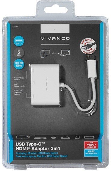 Vivanco adapter USB-C - HDMI 3in1, valge (34293) hind ja info | USB adapterid ja jagajad | hansapost.ee