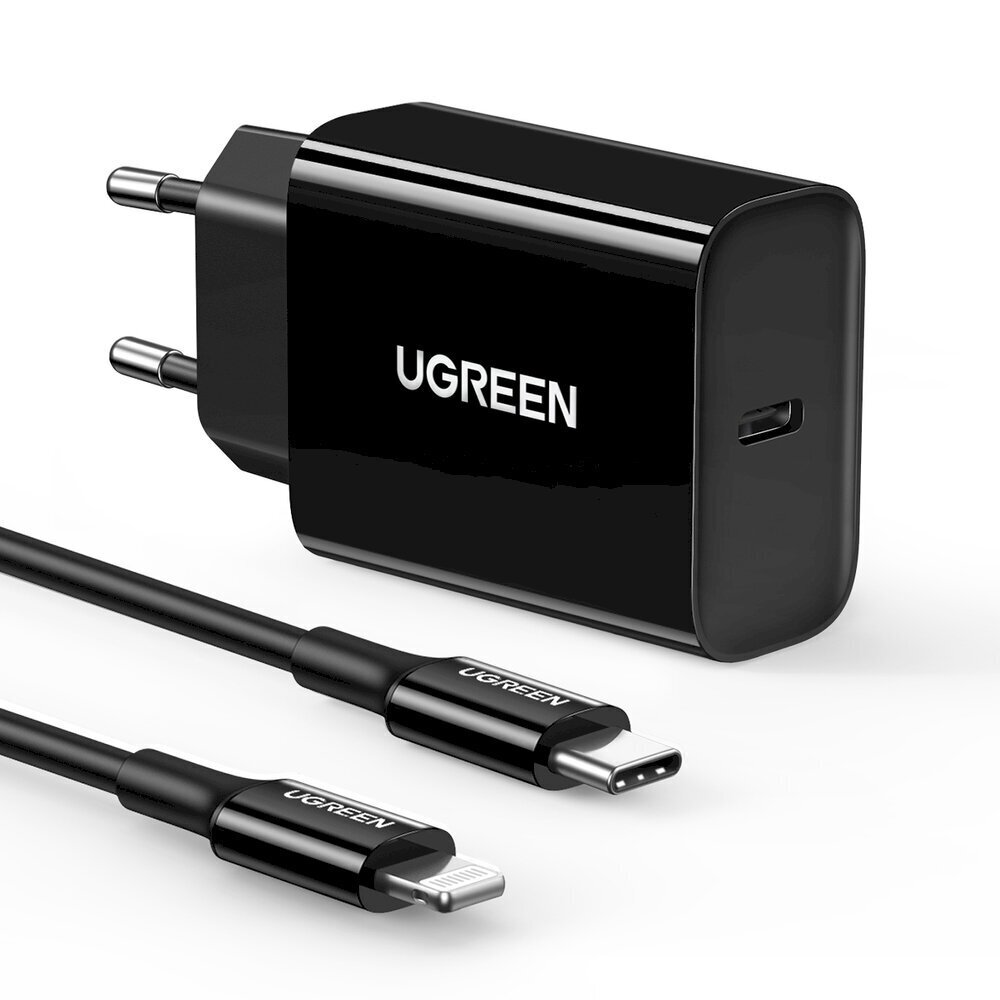 Ugreen USB travel wall charger Type C 20W Power Delivery + USB Cable Type C black (50799) цена и информация | Laadijad mobiiltelefonidele | hansapost.ee