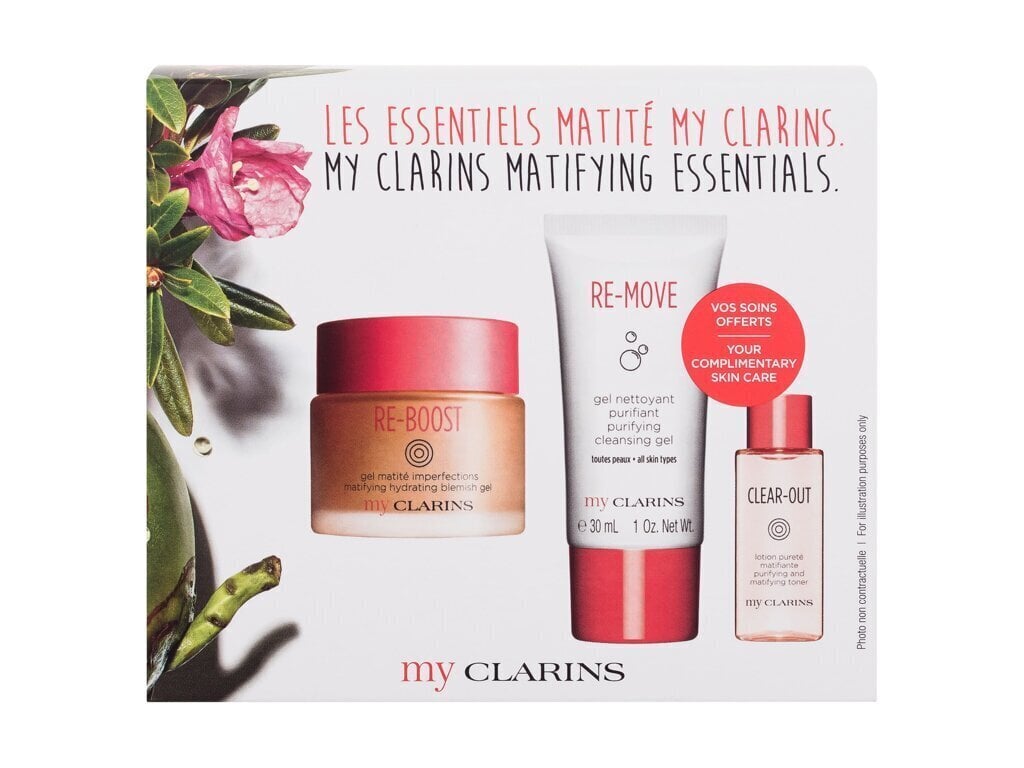 Näohoolduskomplekt My Clarins Matifying Essentials naistele: näogeel Re-Boost Matifying Hydrating Belmish Gel, 50 ml + puhastusgeel Re-Move Purifying Cleansing Gel, 30 ml + näotoonik Clear-Out Purifying And Matifying Toner, 10 ml цена и информация | Näopuhastusvahendid | hansapost.ee