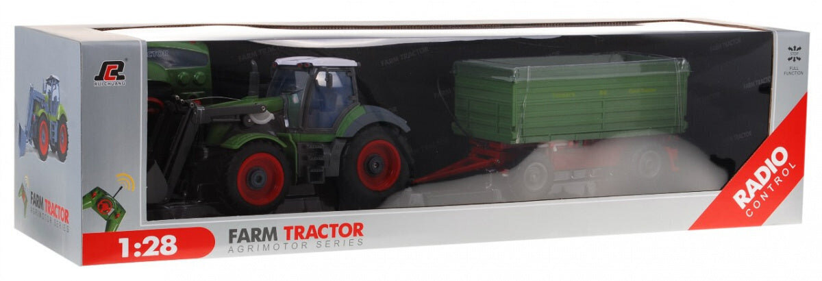 Kaugjuhitav traktor haagisega, 1:28, roheline цена и информация | Mänguasjad poistele | hansapost.ee