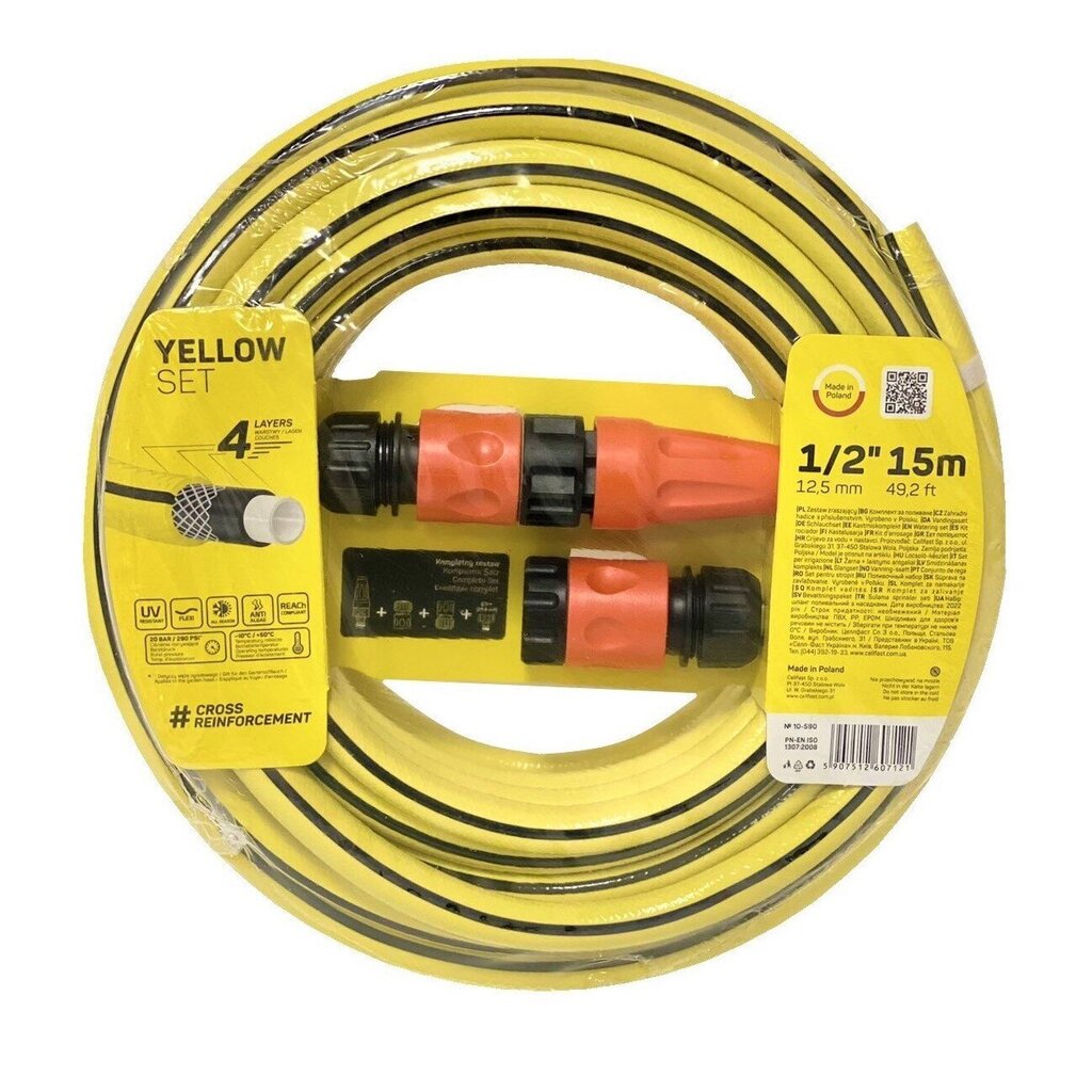 Kastmisvoolik Cellfast Yellow 15 m 1/2" + otsikute komplekt цена и информация | Niisutussüsteemid, kastmisvoolikud ja kastekannud | hansapost.ee