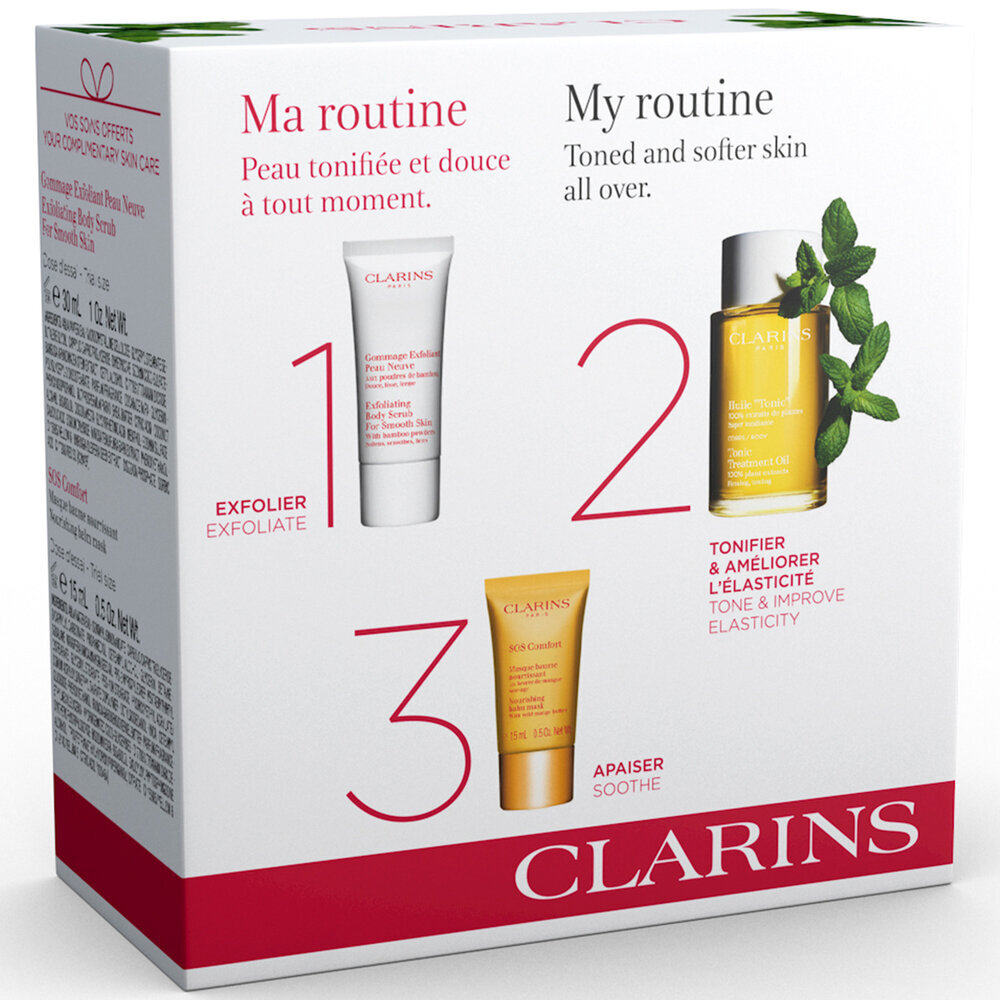 Kehahooldustoodete komplekt Clarins Instant Spa: kehaõli, 100 ml + koorija, 30 ml + näomask, 15 ml цена и информация | Kehakreemid, kehaõlid ja losjoonid | hansapost.ee