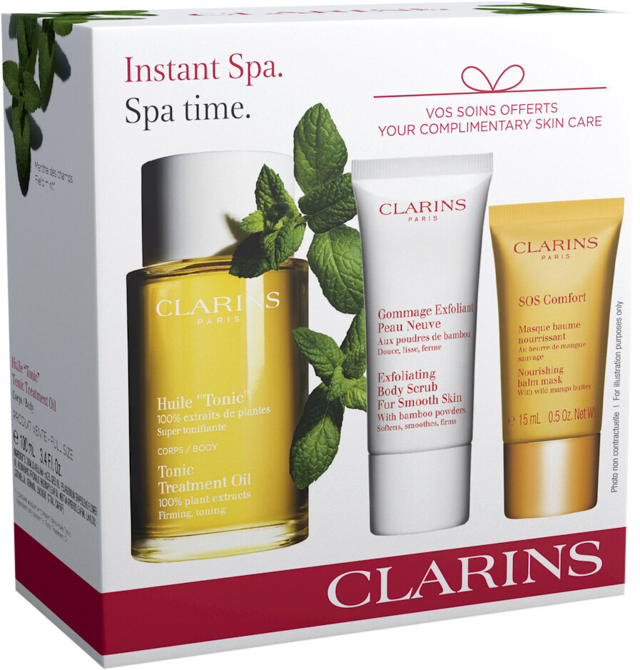 Kehahooldustoodete komplekt Clarins Instant Spa: kehaõli, 100 ml + koorija, 30 ml + näomask, 15 ml hind ja info | Kehakreemid, kehaõlid ja losjoonid | hansapost.ee