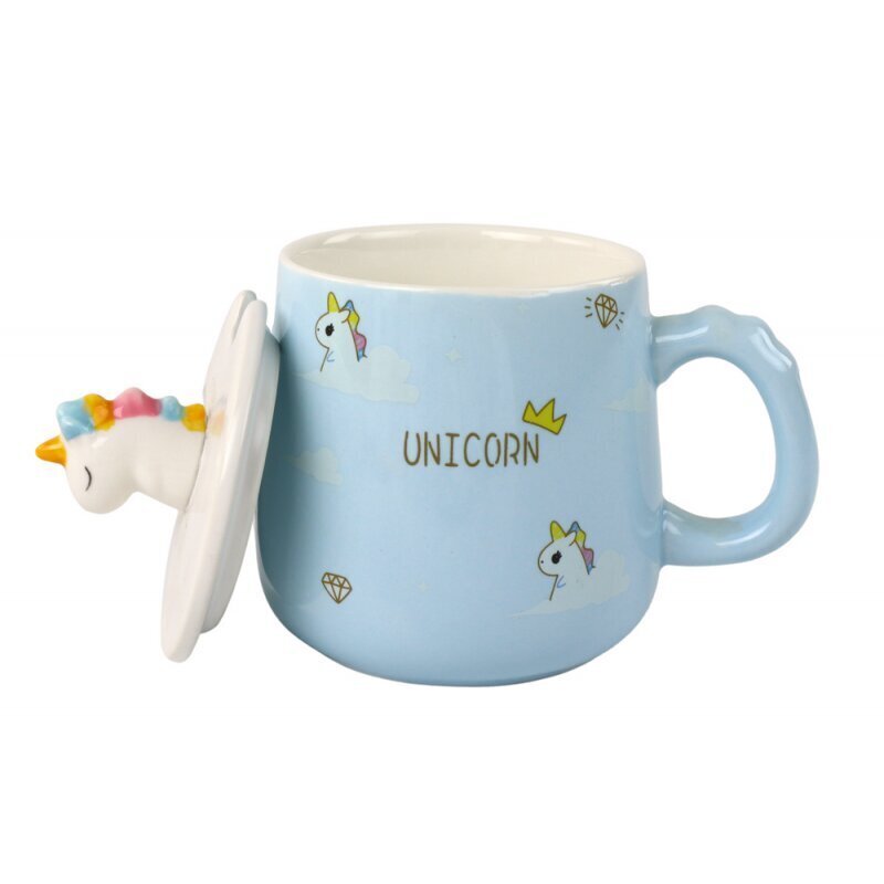 Lean Toys keraamiline tass lusika ja kaanega Unicorn/Unicorn, 350ml, sinine hind ja info | Klaasid, kruusid ja kannud | hansapost.ee