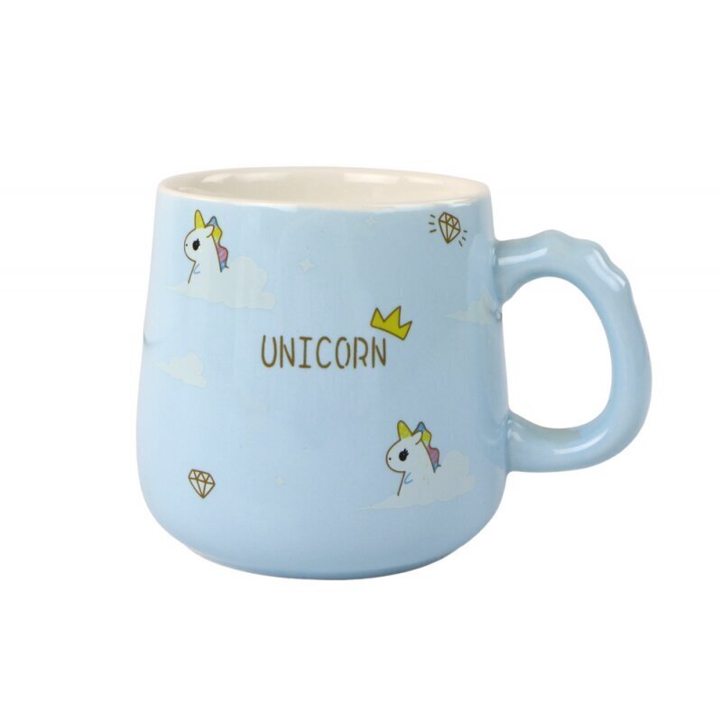 Lean Toys keraamiline tass lusika ja kaanega Unicorn/Unicorn, 350ml, sinine hind ja info | Klaasid, kruusid ja kannud | hansapost.ee