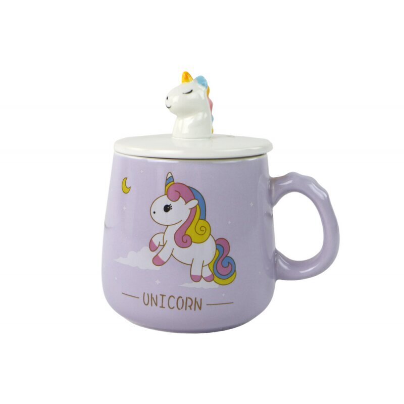 Lean Toys keraamiline tass lusika ja kaanega Unicorn/Unicorn, 350ml, lilla цена и информация | Klaasid, kruusid ja kannud | hansapost.ee