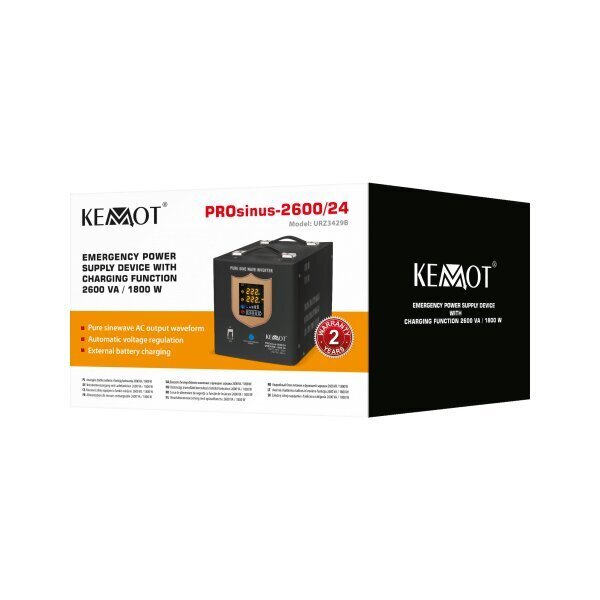 Kemot UPS prosinus-2600/24 24v 230v 2600va/1800w puhas siinuslaine inverter laadimisfunktsiooniga, must hind ja info | Puhvertoiteallikad | hansapost.ee