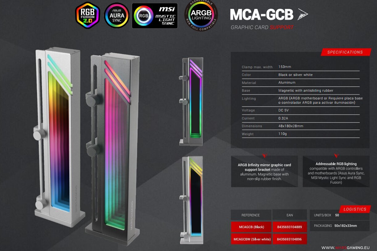 Mars Gaming MCA-GCBW Graphics card support bracket ARGB / White цена и информация | Korpuste lisatarvikud | hansapost.ee