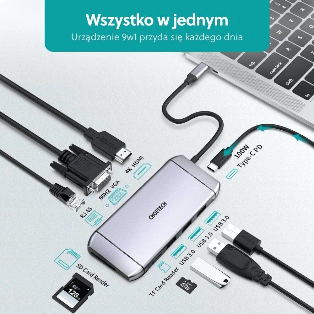 Choetech 9in1 multifunctional USB Type C HUB - 3x USB 3.2 Gen 1 / SD and TF memory card reader / HDMI 4K 30Hz / VGA Full HD 60Hz / USB Type C / RJ45 gray (HUB-M15 gray) цена и информация | USB adapterid ja jagajad | hansapost.ee