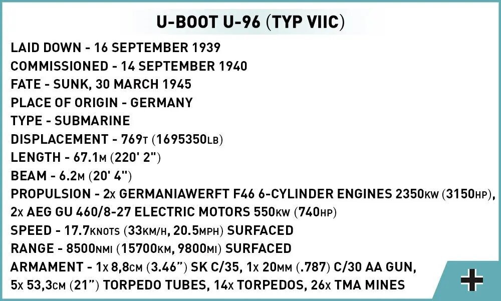 Laevakonstruktor Cobi U-Boot U-96 tüüp VIIC цена и информация | Klotsid ja konstruktorid | hansapost.ee