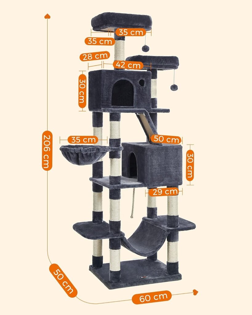 Kraapimispuu-maja kassidele PCT190G01, 206 cm, hall hind ja info | Kraapimispuud kassidele | hansapost.ee