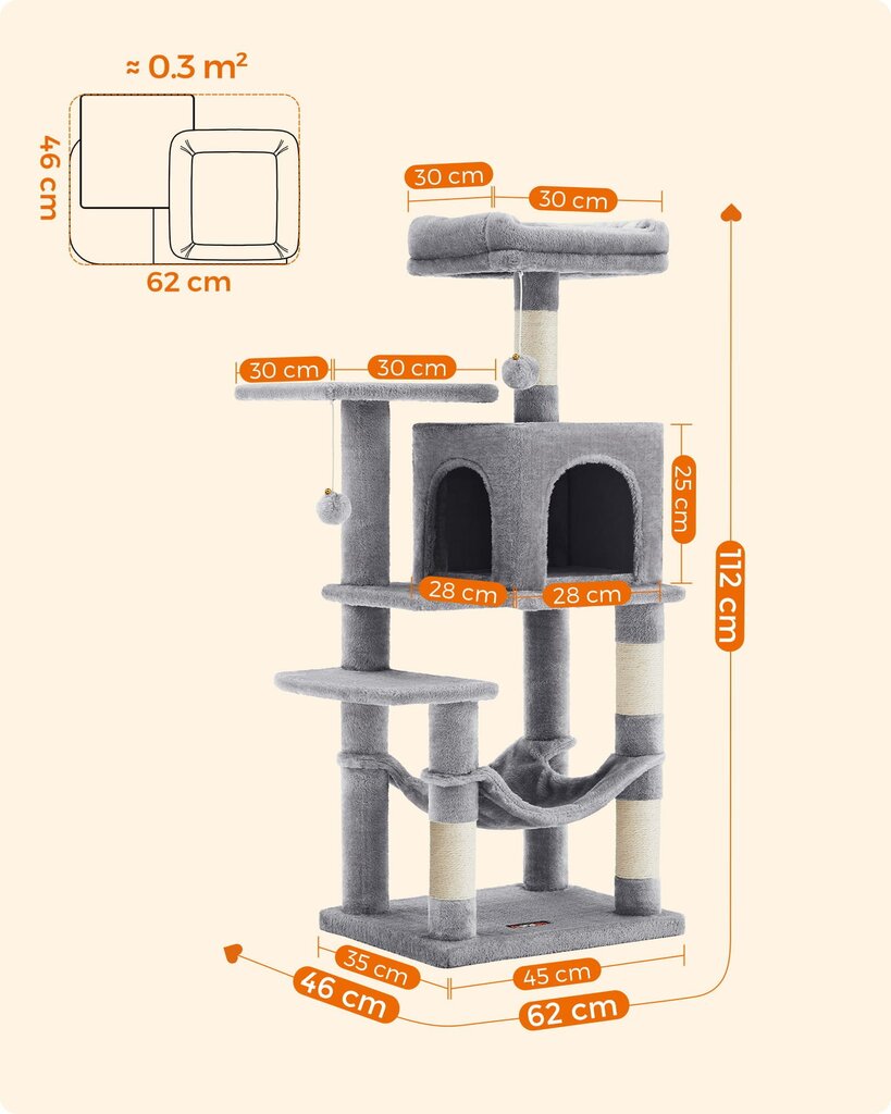 Kraapimispuu-maja kassidele PCT261W01, 112 cm, hall цена и информация | Kassi ronimispuud | hansapost.ee