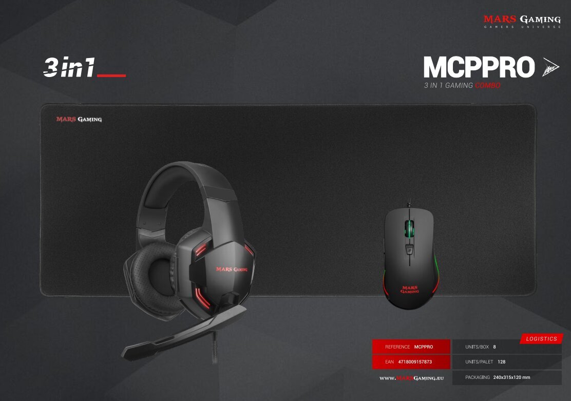 Mars Gaming MCPPRO Combo 3in1 Spēļu pele ar austiņām un paliktni RGB / 9800 DPI / USB 7.1 / 780x300mm hind ja info | Arvutihiired | hansapost.ee