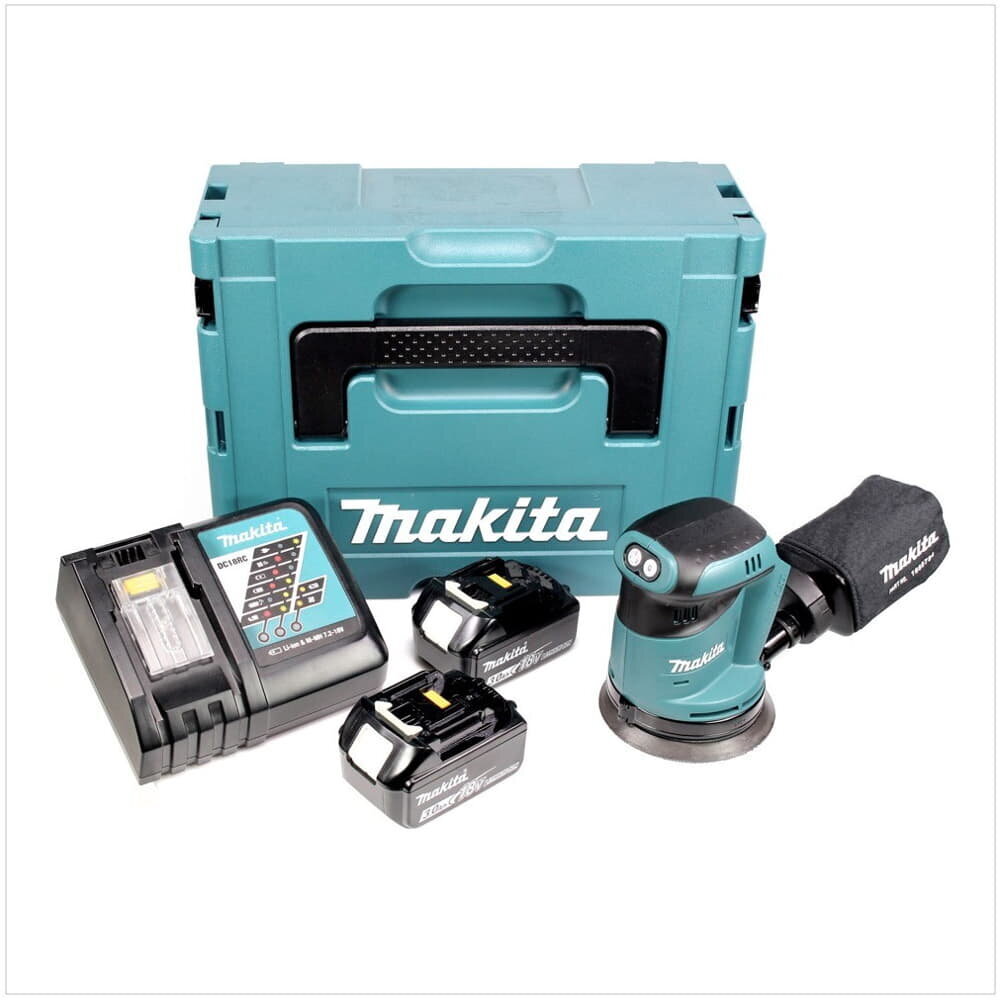 Makita DBO 180 RFJ akuga ekstsentriline lihvmasin 18 V 125 mm + 2x aku 3.0 Ah + laadija + Makpac hind ja info | Lihvmasinad | hansapost.ee