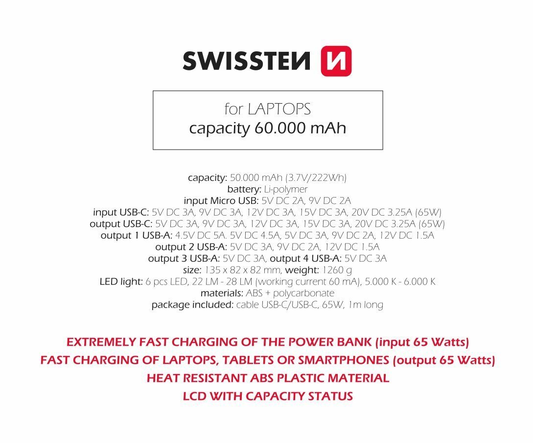 Swissten Power Line 60 000 mAh hind ja info | Akupangad | hansapost.ee