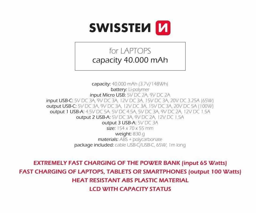 Swissten Power Line 40 000 mAh hind ja info | Akupangad | hansapost.ee