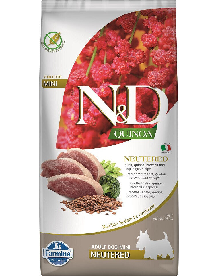 Farmina N&D Quinoa Dog Neutere väikest tõugu koertele koos pardi, brokkoli ja spargliga, 7 kg цена и информация | Koerte kuivtoit ja krõbinad | hansapost.ee