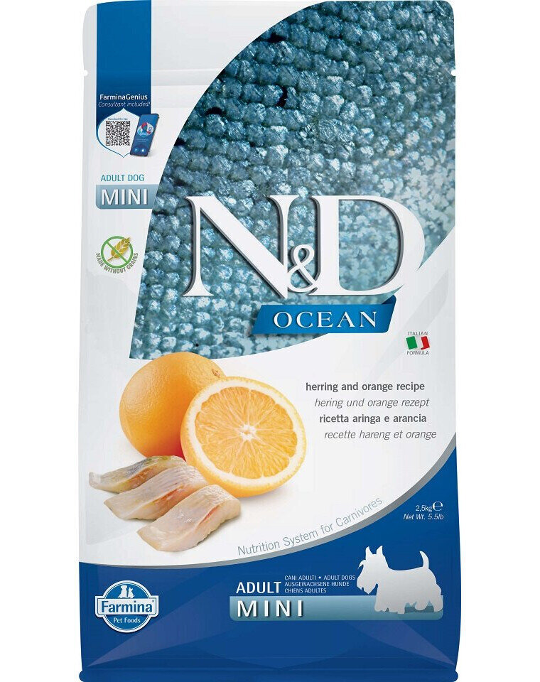 Farmina N&D Ocean Dog väikest tõugu koertele heeringa ja apelsinidega, 2,5 kg цена и информация | Koerte kuivtoit ja krõbinad | hansapost.ee