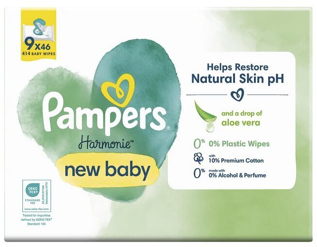 Pampers Harmonie New Baby Niisked Beebisalvrätid, 9 Pakki цена и информация | Niisked salvrätikud lastele | hansapost.ee