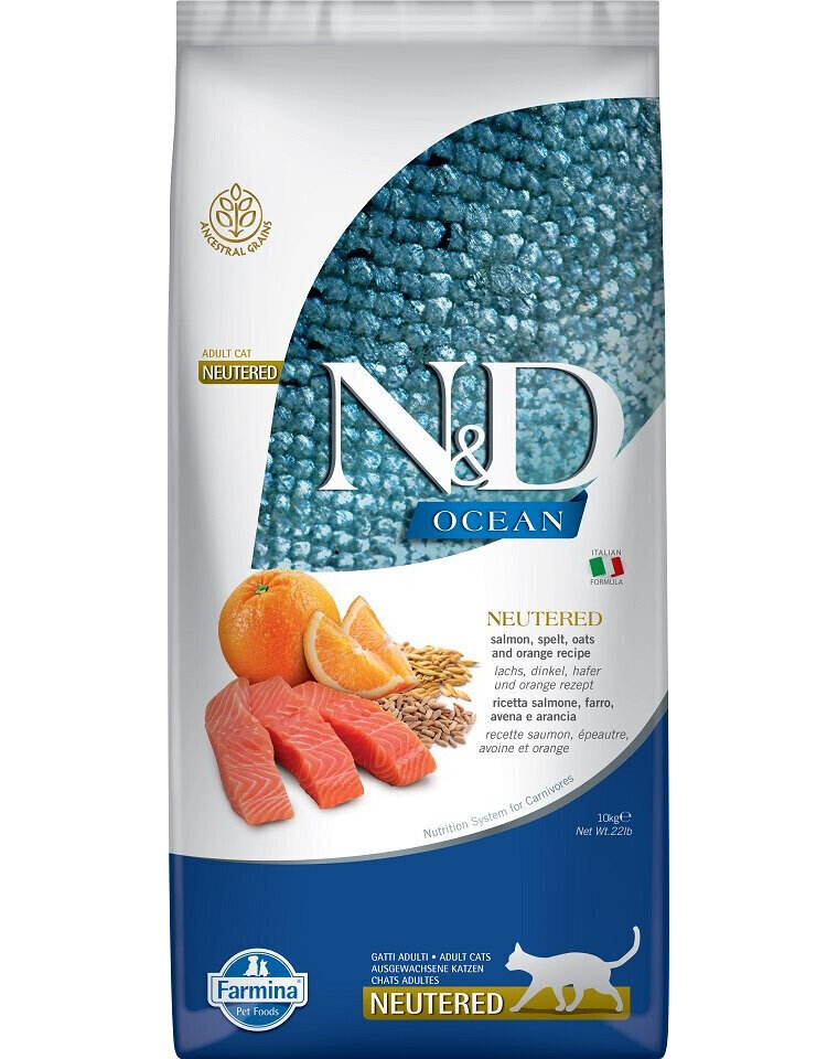 Farmina N&D Ocean Neutered kuivtoit kassidele lõhe, nisu, kaera ja apelsiniga, 10 kg цена и информация | Kassi kuivtoit ja kassikrõbinad | hansapost.ee