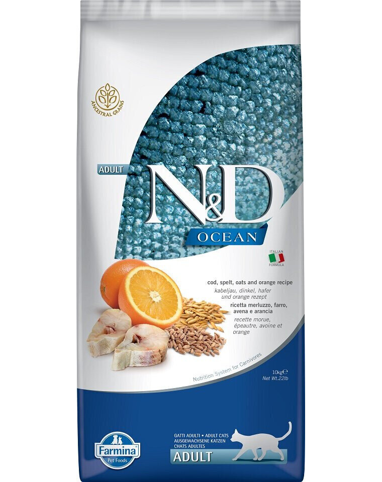 Farmina N&D Ocean kuivtoit kassidele kala, nisu, kaera ja apelsiniga, 10 kg цена и информация | Kassi kuivtoit ja kassikrõbinad | hansapost.ee
