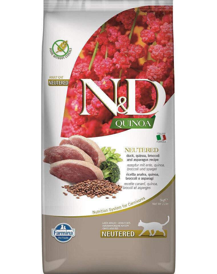 Farmina N&D Quinoa Neutered kuivtoit kassidele pardi, brokoli ja spargliga, 5 kg цена и информация | Kassi kuivtoit ja kassikrõbinad | hansapost.ee