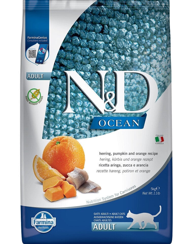 Farmina N&D Ocean kuivtoit kassidele heeringa, kõrvitsa ja apelsinidega, 5 kg hind ja info | Kassi kuivtoit ja kassikrõbinad | hansapost.ee