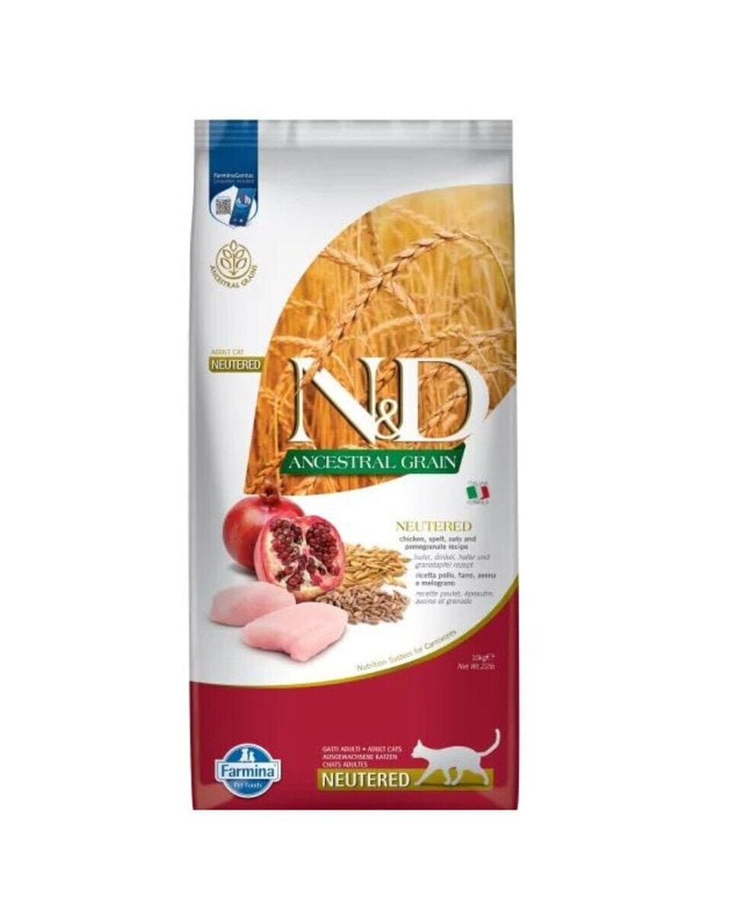 Farmina N&D Ancestral Neutered kuivtoit kassidele kana, nisu, kaera ja granaatõunaga, 10 kg цена и информация | Kassi kuivtoit ja kassikrõbinad | hansapost.ee