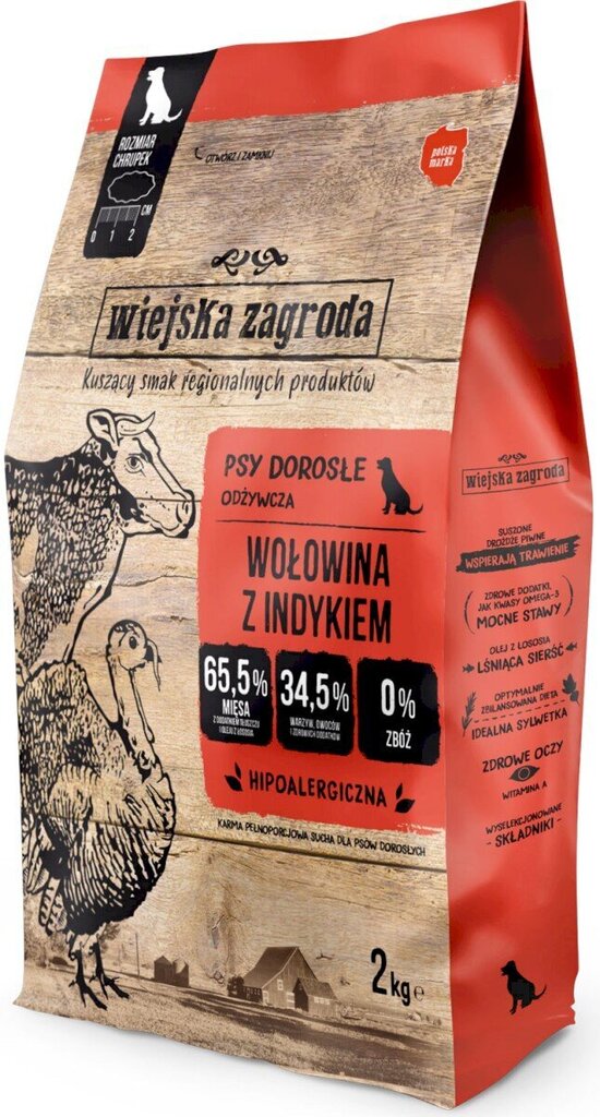 Wiejska Zagroda väikest tõugu koertele koos veise- ja kalkunilihaga, 2 kg hind ja info | Koerte kuivtoit ja krõbinad | hansapost.ee