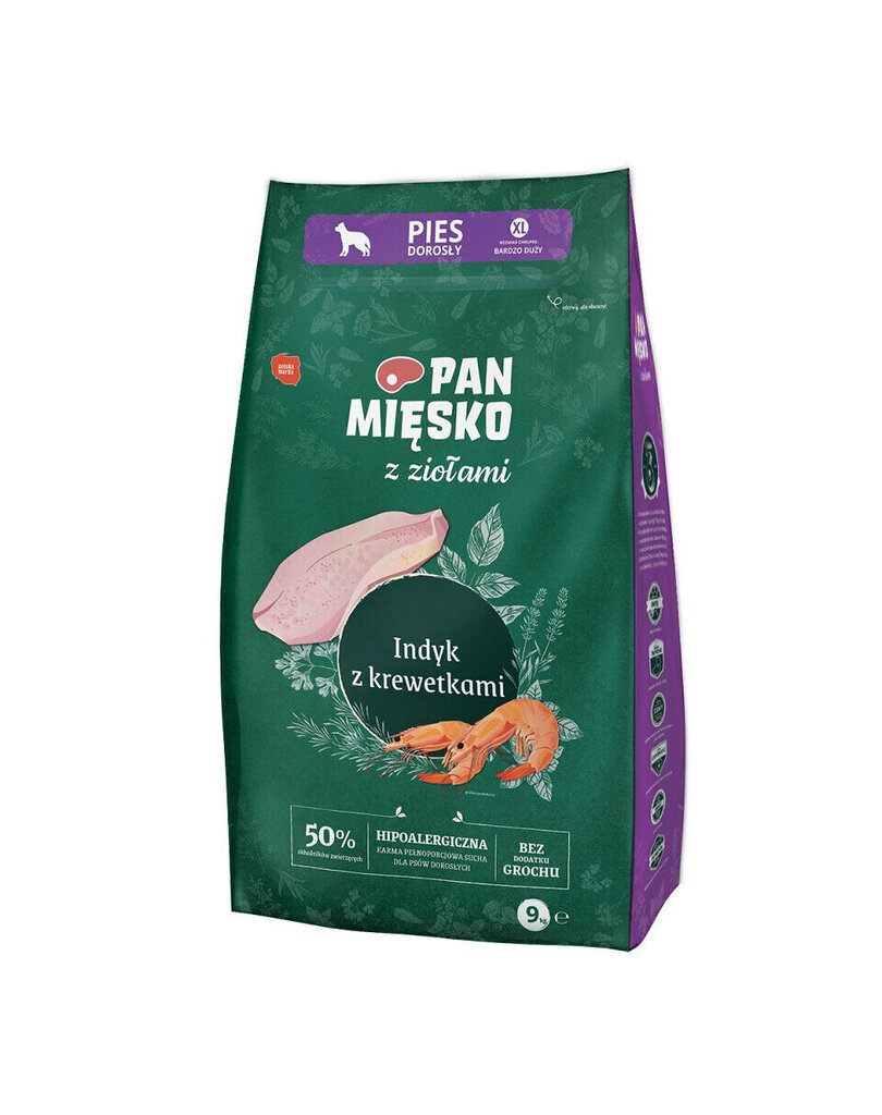 Pan Mięsko suurt tõugu koertele koos kalkuni, krevettide ja ürtidega, 9 kg hind ja info | Koerte kuivtoit ja krõbinad | hansapost.ee